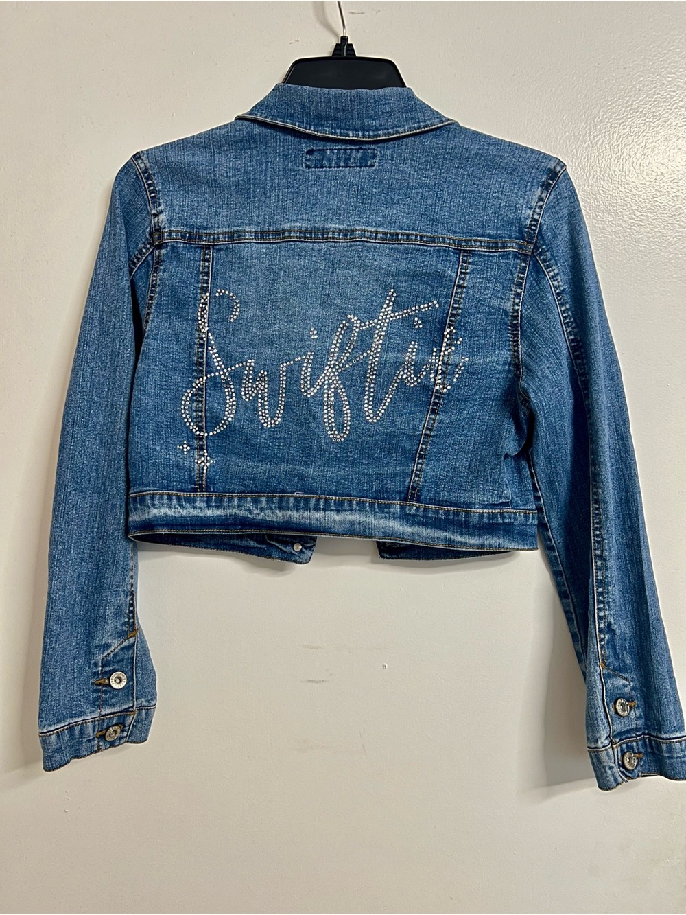 Girls Large Taylor Swift “Swiftie” Embellished Blue Denim Crop Jean Jacket